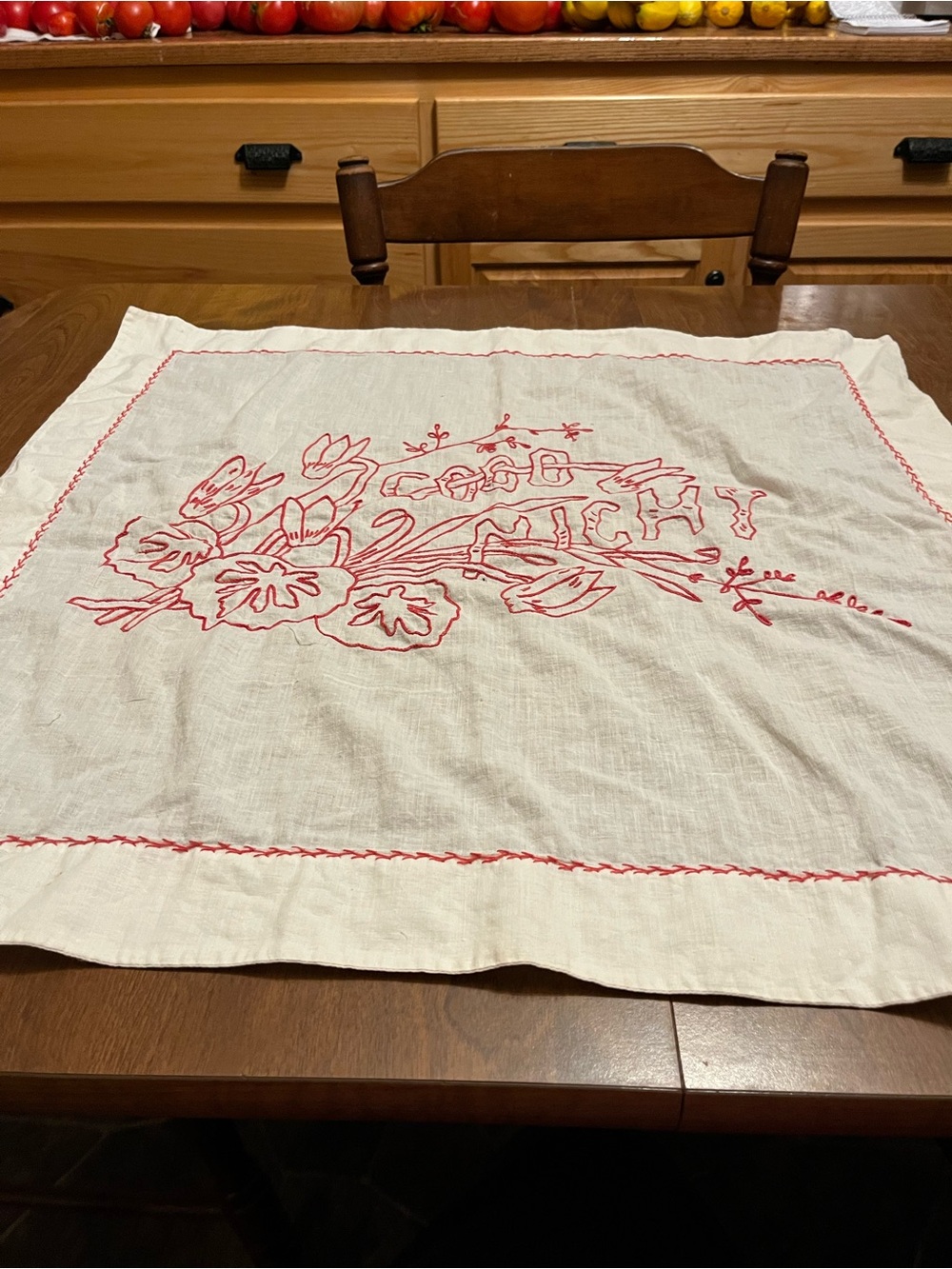 Vintage-Style White Linen Kitchen Cloth with Red Floral Embroidery